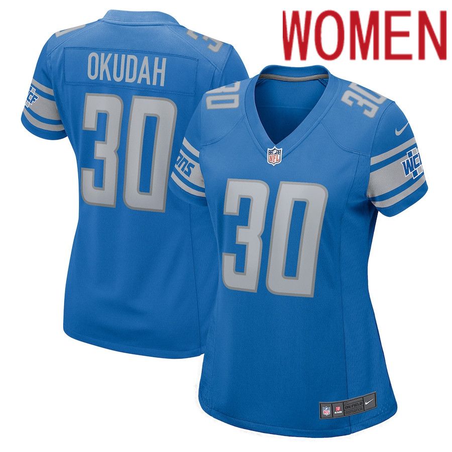 Women Detroit Lions #30 Jeff Okudah Nike Blue Team Player Game NFL Jersey->women nfl jersey->Women Jersey